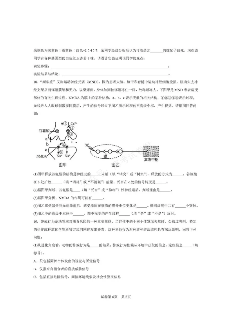 《西安市第一中学2026-2027学年高三上学期开学摸底测试生物+答案_副本_小初高学习资料合集（每天更新）_西安一中开学摸底2027届陕西西安市第一中学高三上学期开学摸底测试》第6页预览