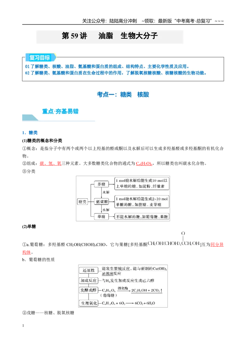 《（重点·方法·点拨）第59讲油脂　生物大分子-（教师版）_05-化学-高考总复习_一轮复习_2026年-化学高考一轮复习_2026年高考化学大一轮复习卓越讲义重难点-G355_资料》第1页预览