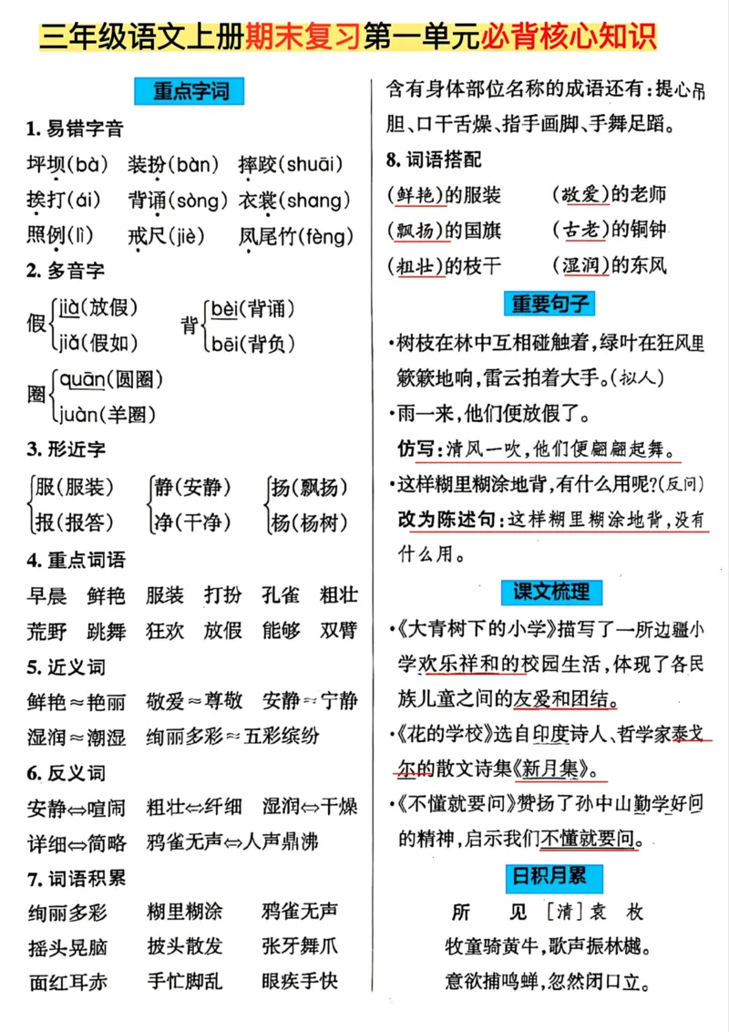 《三年级语文上册期末必背核心考点清单（1-8单元）_小学1-6年级全科全套_1-6年级全科上册_三年级_语文_语文三上单元知识点》第1页预览