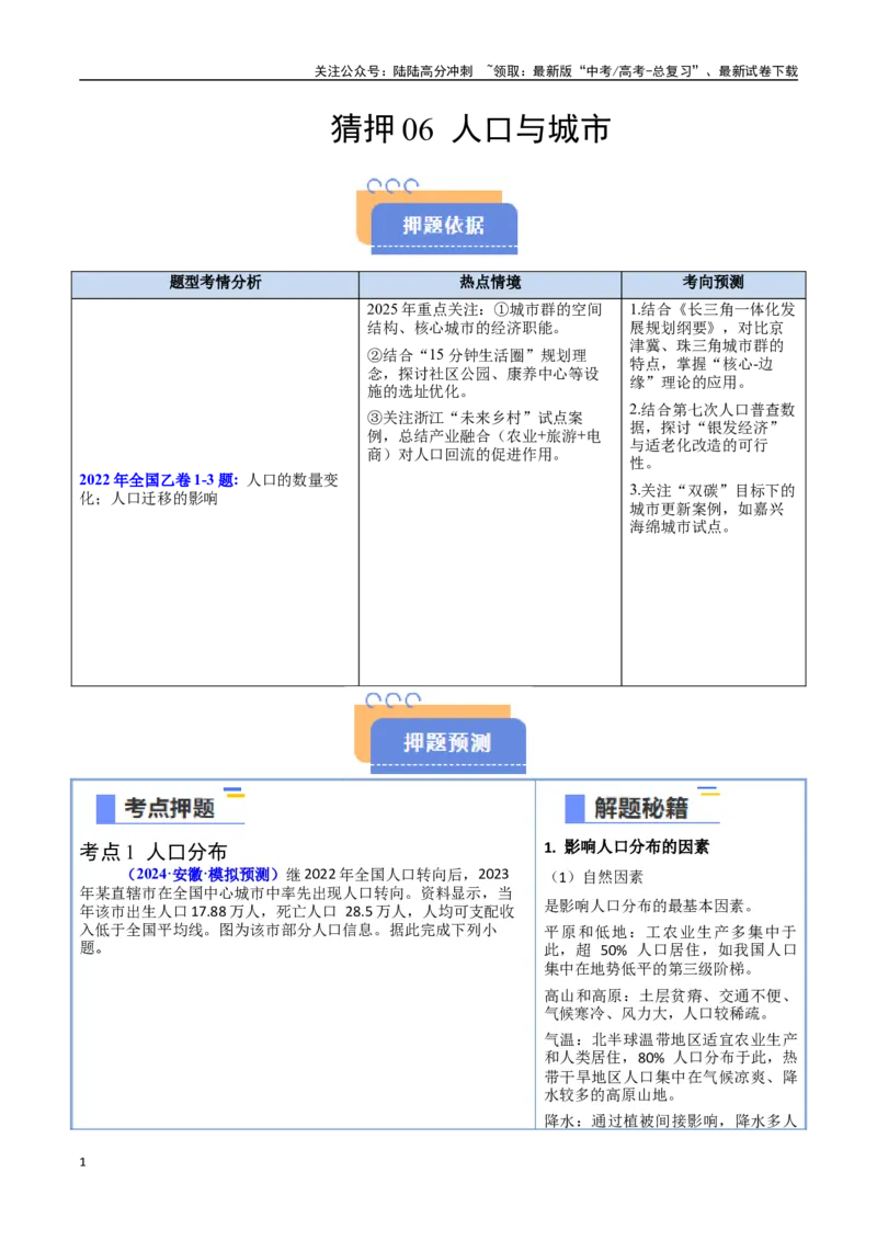 《猜押06人口与城市（教师版）_07-地理-高考总复习_专项复习_2025年_2025年高考地理抢押秘籍（安徽专用）》第1页预览