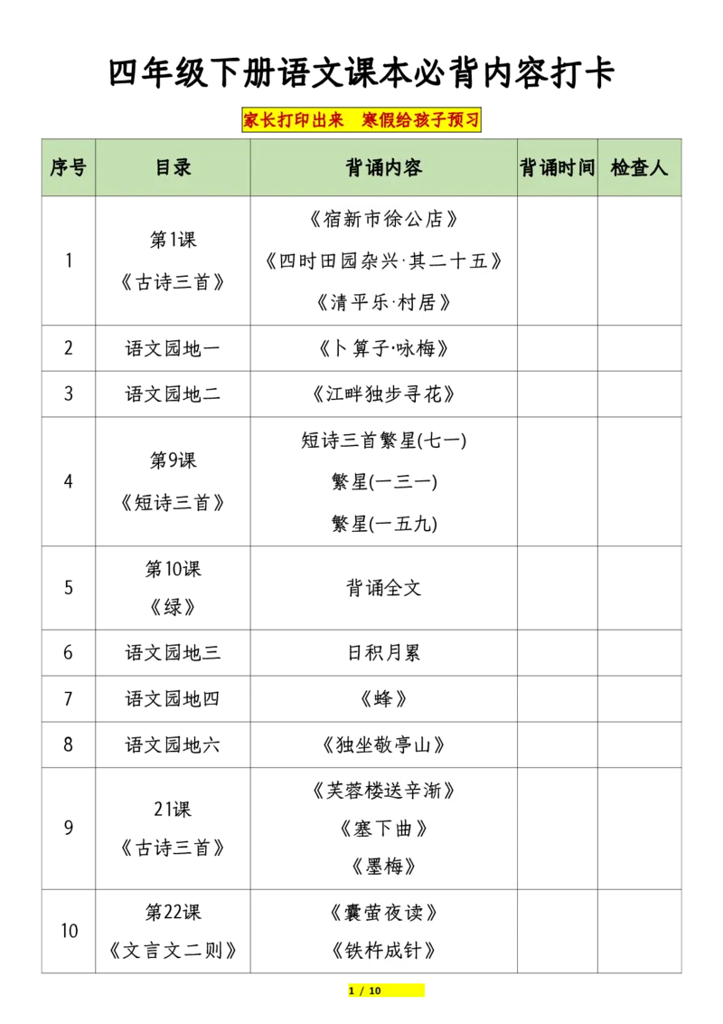 《四年级下册语文课本必背内容打卡_小学1-6年级全科全套_1-6年级全科下册_四年级_其他补充资料_热门资料_语文》第1页预览
