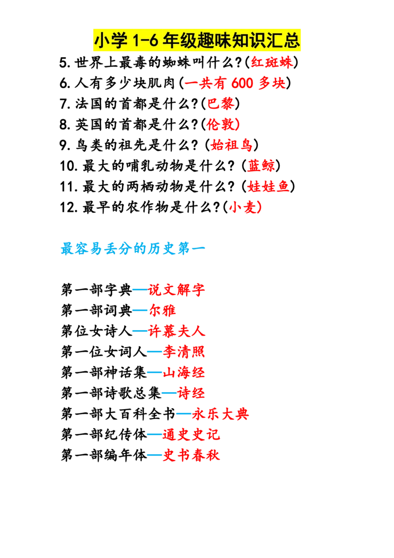 《小学1-6年级趣味知识汇总(1)_小学1-6年级全科全套_1-6年级全科上册_四年级_四上语文_四上语文综合》第3页预览