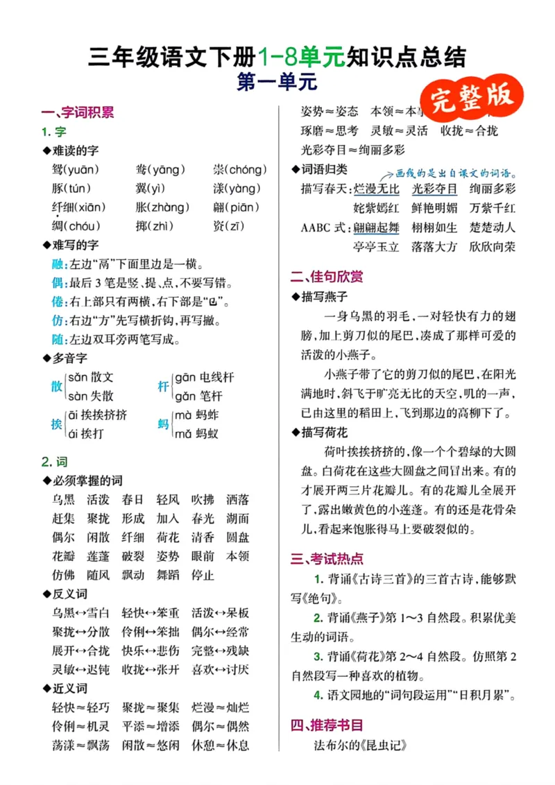 《三年级语文下册1-8单元知识点总结2_小学1-6年级全科全套_1-6年级全科下册_三年级_三年级下语文_语文三下单元知识总结》第1页预览