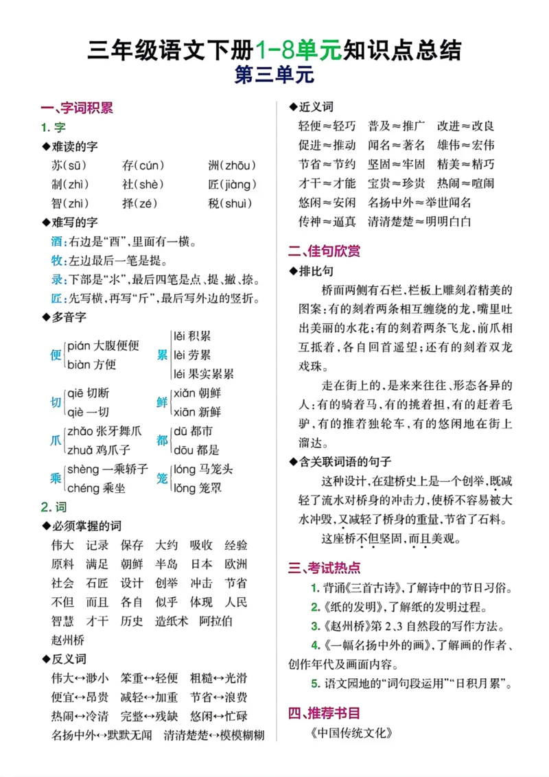 《三年级语文下册1-8单元知识点总结2_小学1-6年级全科全套_1-6年级全科下册_三年级_三年级下语文_语文三下单元知识总结》第3页预览