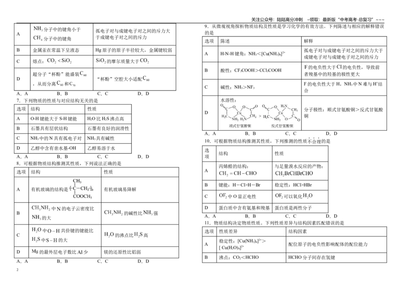 《高考化学二轮复习-----物质结构表格题型专练_05-化学-高考总复习_一轮复习_2026年-化学高考一轮复习_62026届高考化学一轮复习专题突破训练》第2页预览