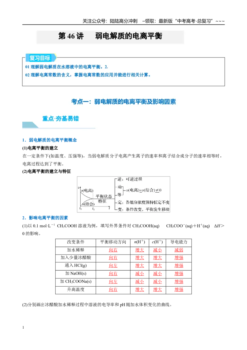 《（重点·方法·点拨）第46讲弱电解质的电离平衡-（教师版）_05-化学-高考总复习_一轮复习_2026年-化学高考一轮复习_2026年高考化学大一轮复习卓越讲义重难点-G355_资料》第1页预览
