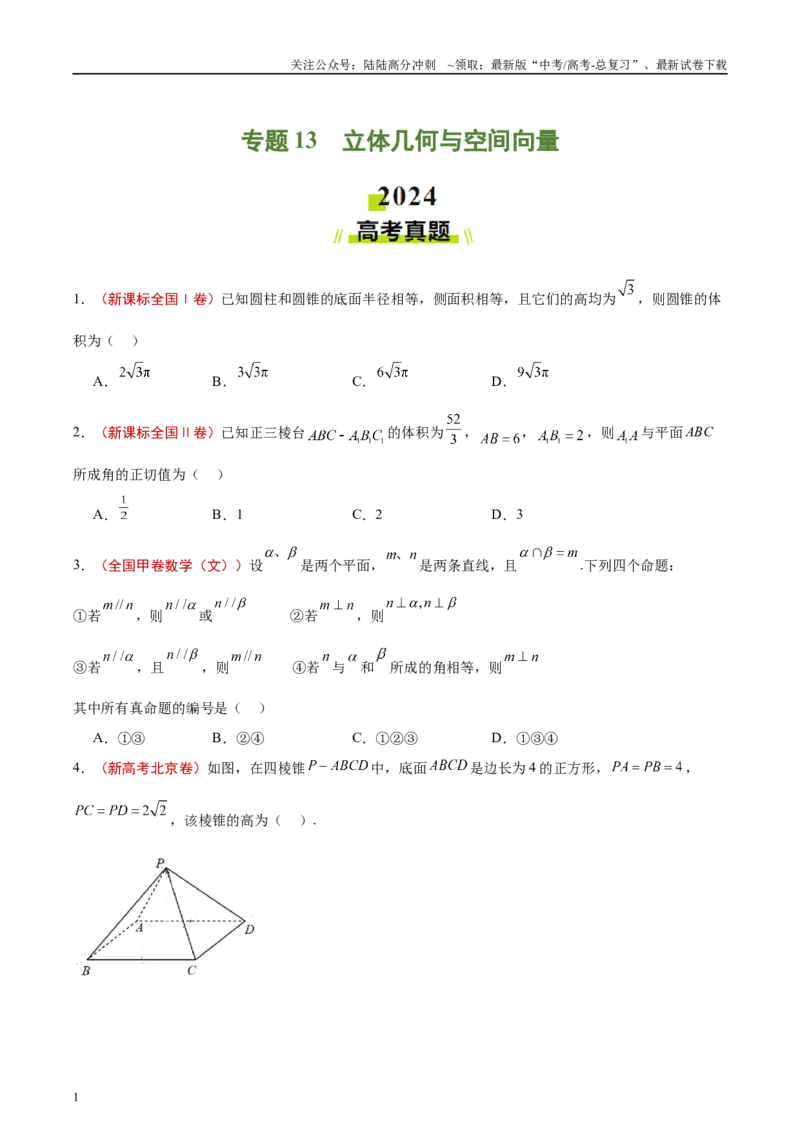 《专题13立体几何与空间向量（原卷版）_04-物理-高考总复习_专项复习_2025年_2025新高考物理名校模拟题试题分类汇编压轴题二轮复习专题训练_资料》第1页预览