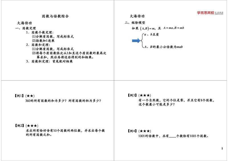 《因数与倍数综合_小学1-6年级全科全套_2024更新专题_小学奥数专题资料_7、精品课程合集_学而思小学1-6年级奥数竞赛班视频课程285讲_六年级奥数（竞赛班）26讲》第1页预览