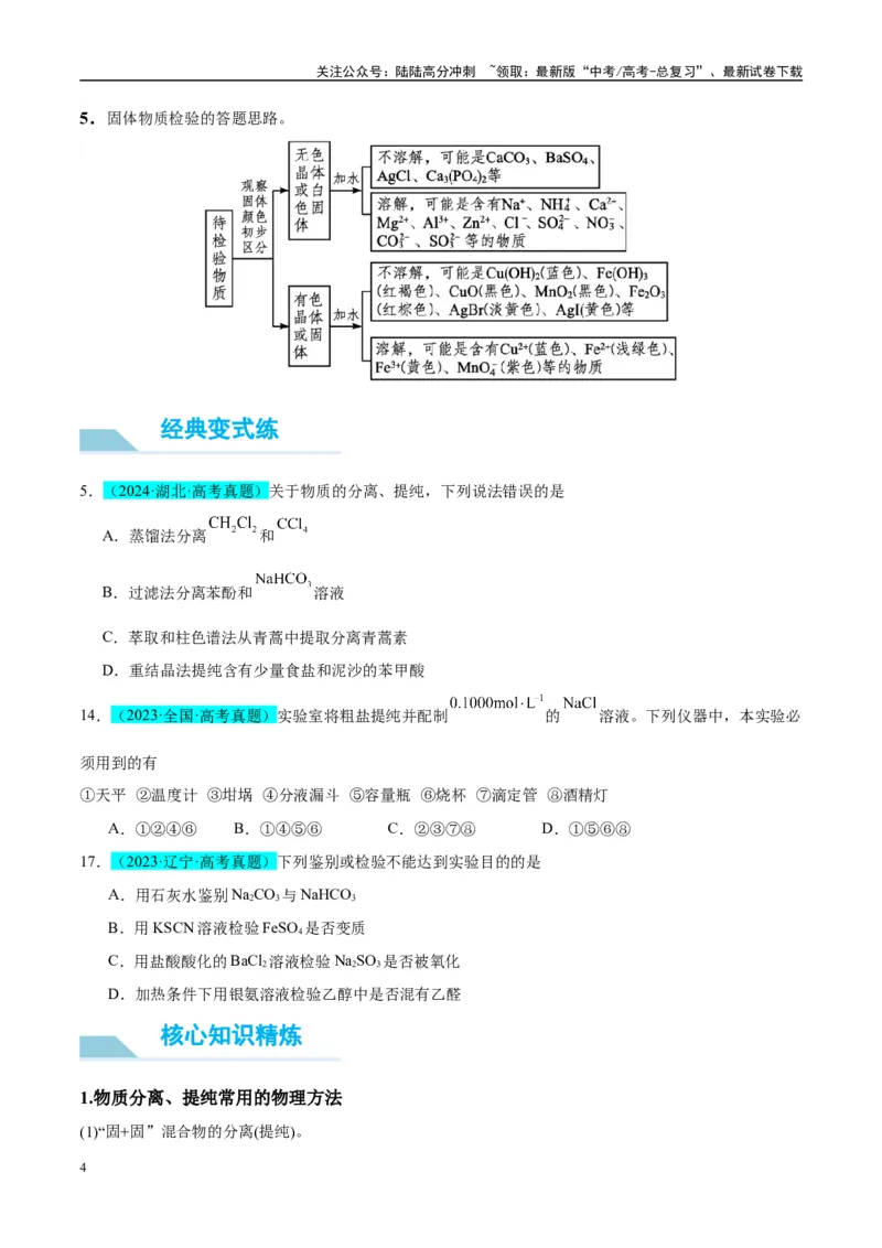 《（能力版）微专题43常见物质的分离、提纯和鉴别-（学生版）(全国版)_05-化学-高考总复习_一轮复习_2024年_2024高考化学一轮复习考点微专题考情分析经_资料_2025版》第4页预览