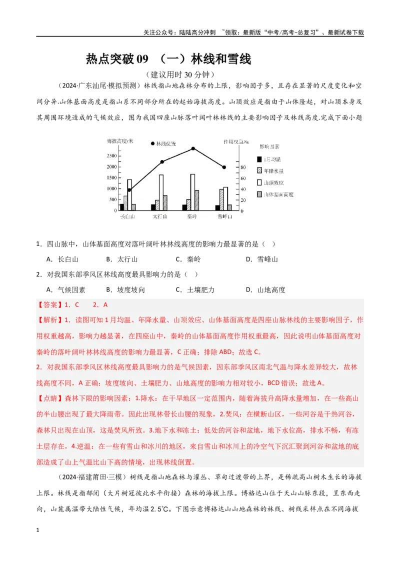 《热点突破09（一）林线和雪线-（新高考通用）（教师版）_07-地理-高考总复习_一轮复习_2025年_2025年高考地理一轮复习考点复习卷（新高考通用）》第1页预览