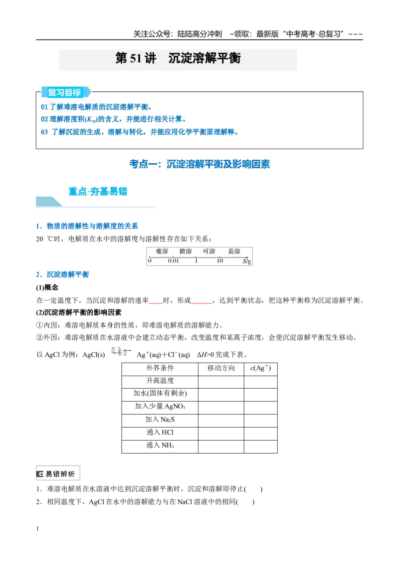 《（重点·方法·点拨）第51讲沉淀溶解平衡-（学生版）_05-化学-高考总复习_一轮复习_2026年-化学高考一轮复习_2026年高考化学大一轮复习卓越讲义重难点-G355_资料》第1页预览