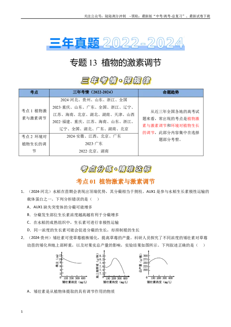 《专题13植物的激素调节（原卷版）_06-生物-高考总复习_专项复习_2025年_五年2020-2024高考真题分类汇编生物真题分类汇编（全国通用）》第1页预览