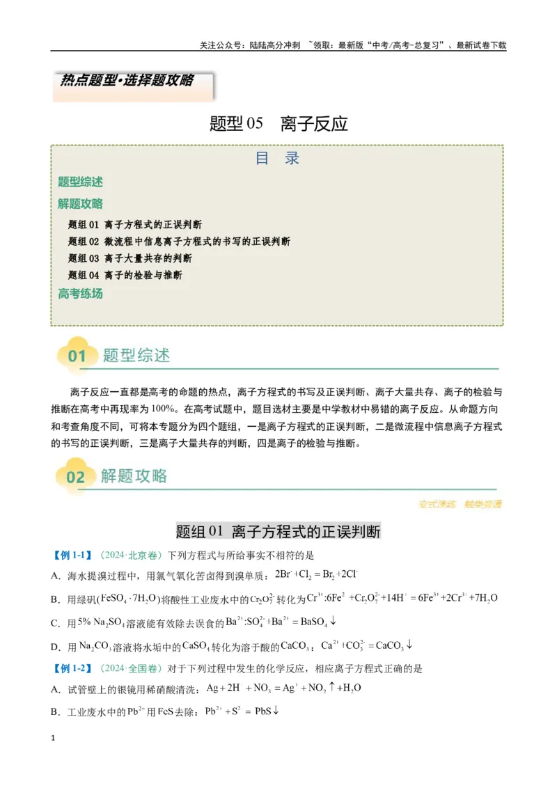 《题型05离子反应-（新高考通用）（原卷版）_05-化学-高考总复习_二轮复习_2025年_2025年高考化学二轮热点题型归纳与变式演练（新高考通用）》第1页预览