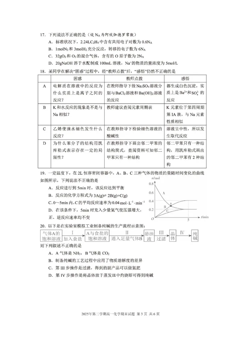 《浙江宁波奉化区2026年高一下学期期末化学试题_小初高学习资料合集（每天更新）_2026年7月高中化学试题汇编_0722化学_浙江宁波奉化区2026年高一下学期期末化学试题+答案》第3页预览