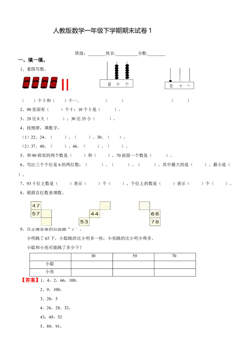 《人教新课标数学一年级下学期期末测试卷1（）(0001)_小学1-6年级全科全套_1-6年级全科下册_一年级_一年级下数学_数学一下人教版_期中.期末试卷_期末检测卷.冲刺卷.测试卷》第1页预览