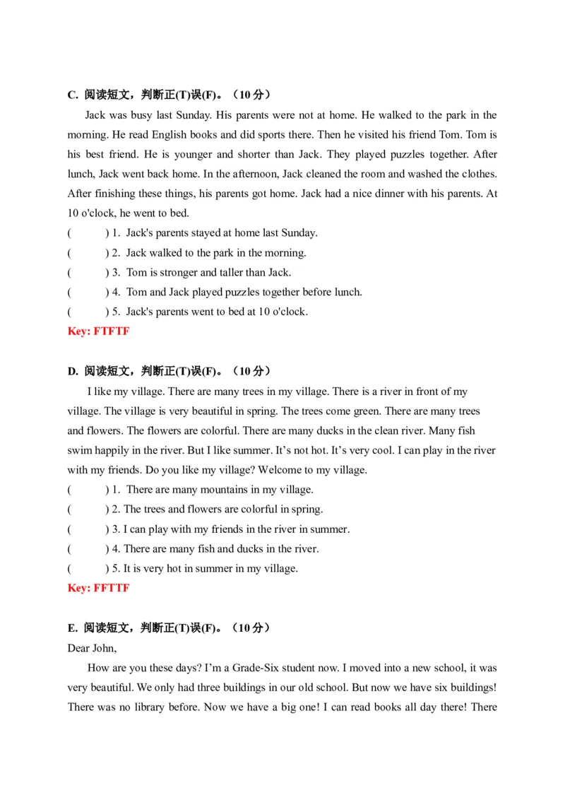 《期中易错题分类汇编阅读理解（判断正误篇）人教PEP六年级下册（答案版）_小学1-6年级全科全套_1-6年级全科下册_六年级_英语_英语六下人教PEP版》第2页预览