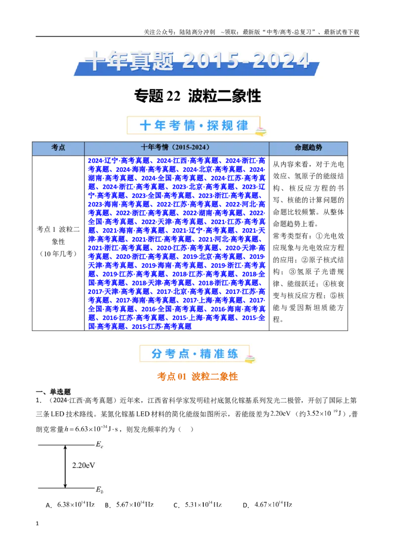 《专题22波粒二象性-（全国通用）（解析版）_04-物理-高考总复习_专项复习_2025年_十年（2015-2024）高考物理真题分类汇编（全国通用）》第1页预览