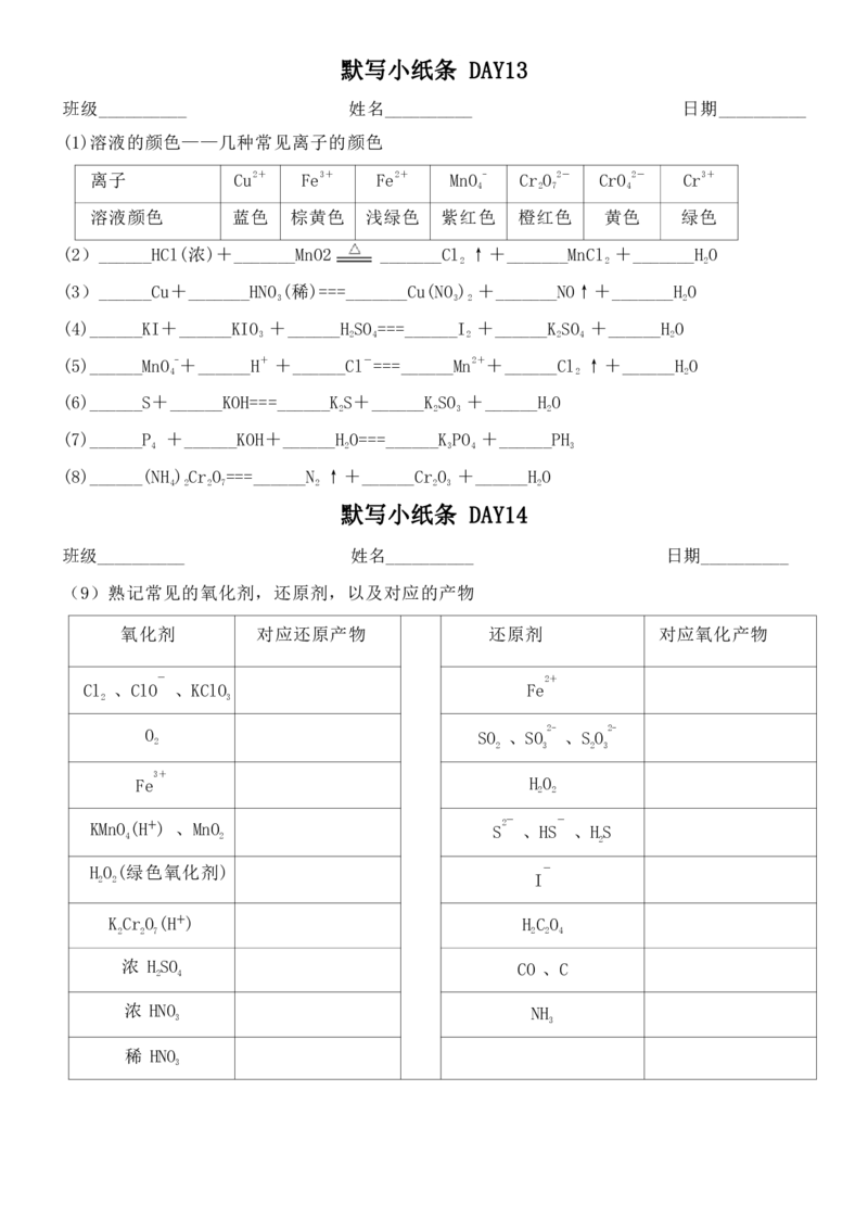 《人教版化学必修1知识点默写小纸条（空白默写版）_小初高学习资料合集（每天更新）_2026年7月高中化学试题汇编_0701化学_高中化学默写小纸条必修一》第10页预览