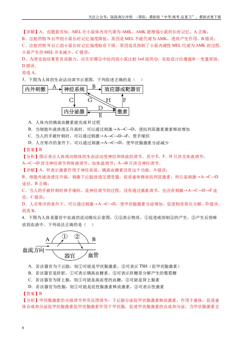 《专题18体液调节（解析版）_06-生物-高考总复习_专项复习_2024年_2024年高考生物经典小题必刷_资料》第4页预览