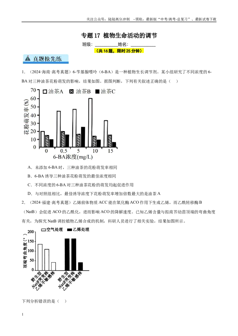 《专题17植物生命活动的调节（学生版）_06-生物-高考总复习_一轮复习_2025年_2025年高考生物一轮复习考点精讲精练（新高考通用）》第1页预览