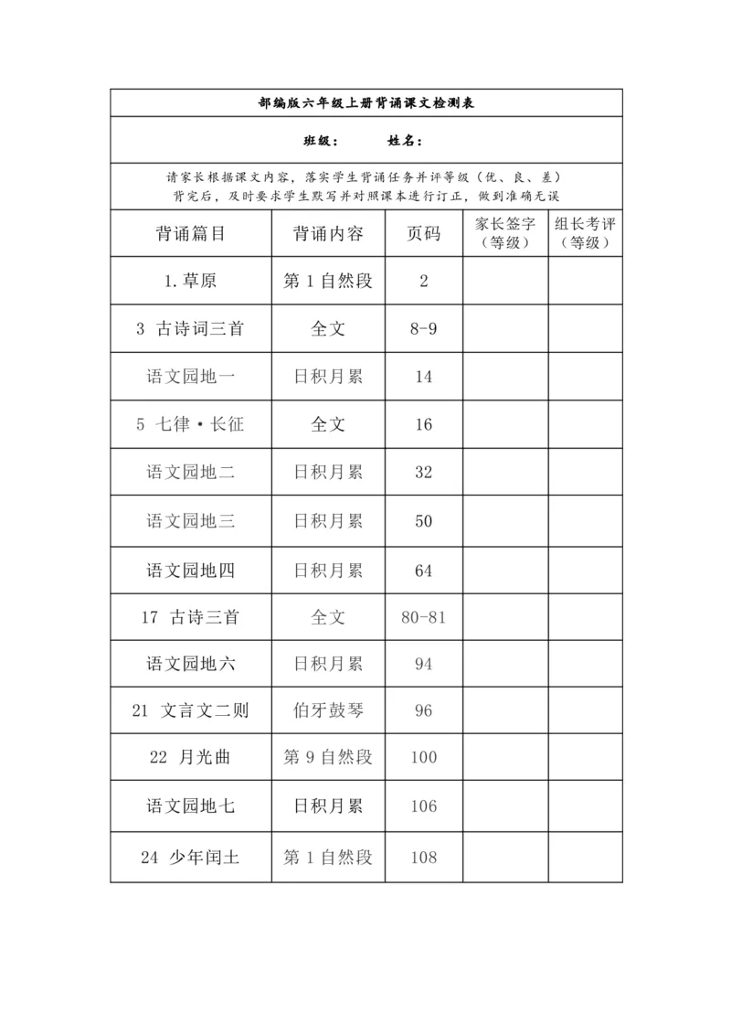 《六年级语文上册背诵课文内容及闯关表_小学1-6年级全科全套_1-6年级全科上册_六年级_语文_语文六上课前预习》第1页预览