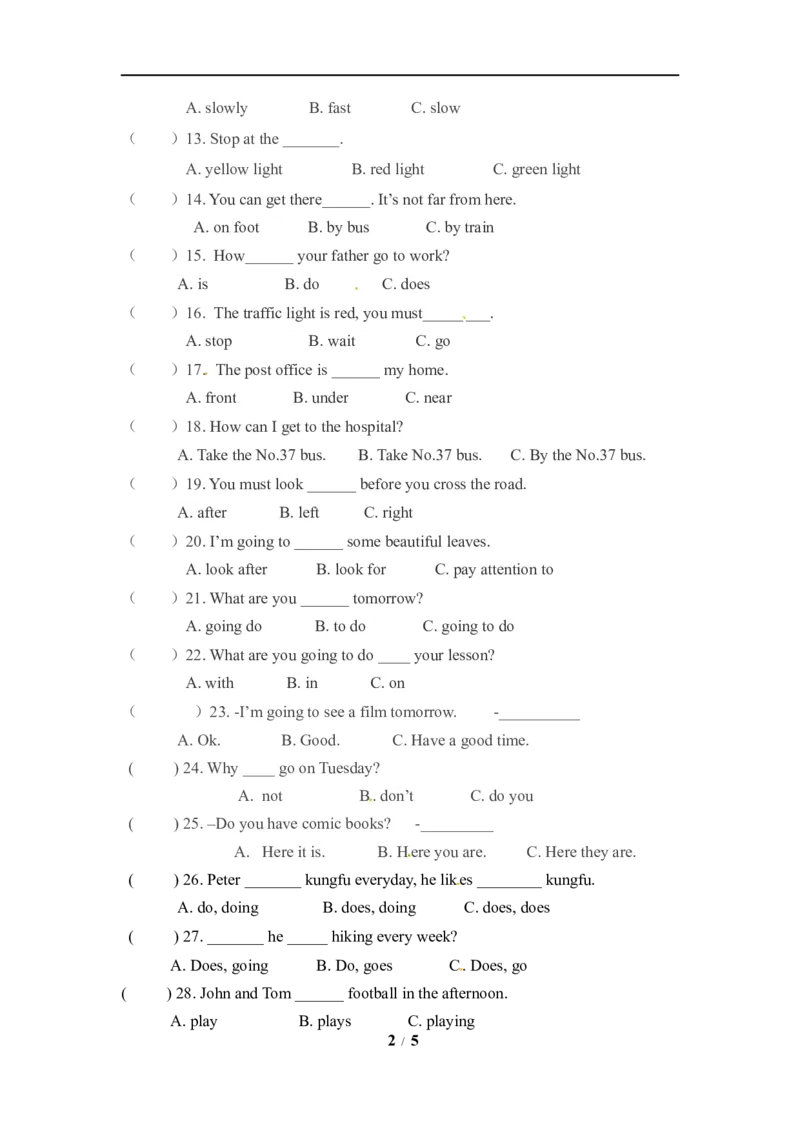 《六年级上册英语期末专项卷-单选人教PEP（word版，含答案）_小学1-6年级全科全套_1-6年级全科上册_六年级_英语_英语人教PEP版_人教PEP英语六上专项训练》第2页预览