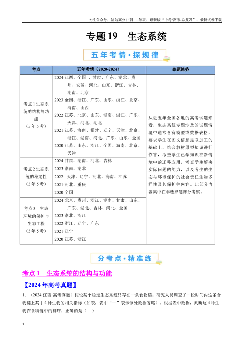 《专题19生态系统（全国通用）（原卷版）_06-生物-高考总复习_专项复习_2024年_2024年高考生物真题分类汇编（全国通用）》第1页预览