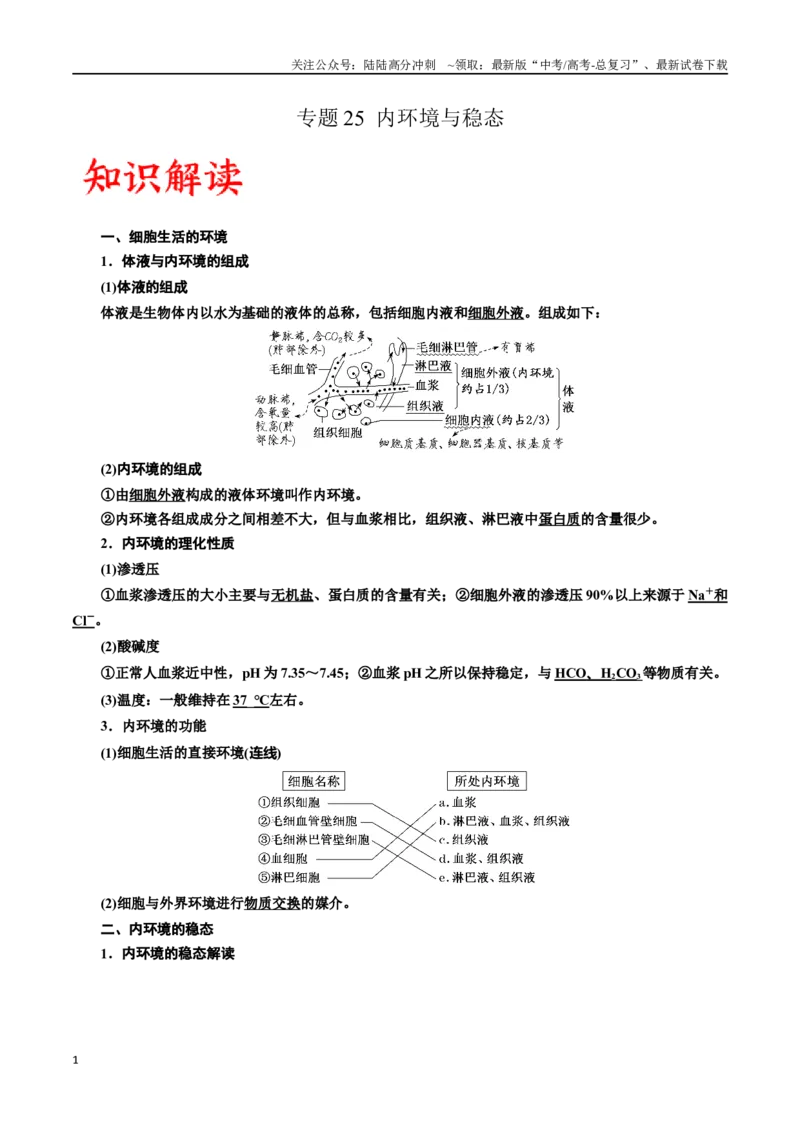 《专题25内环境与稳态（解析版)_06-生物-高考总复习_一轮复习_2024年_2024年高考生物一轮复习重难点专项突破_资料》第1页预览