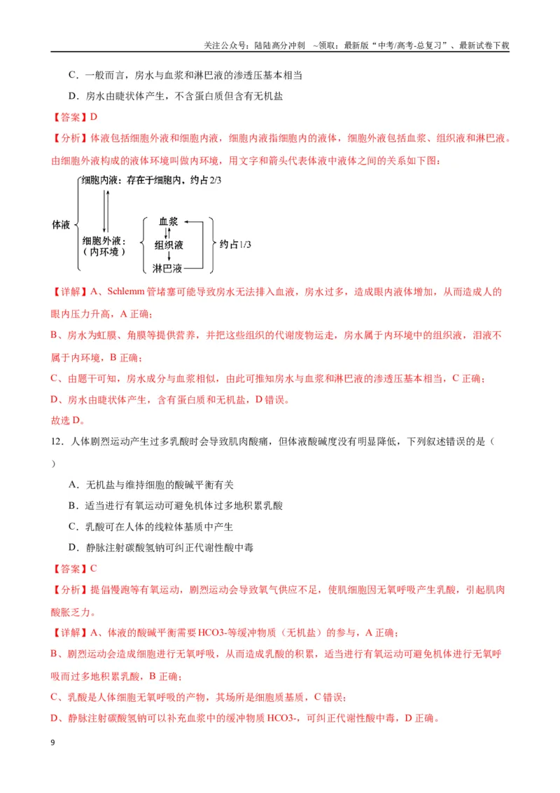 《专题25内环境与稳态（解析版)_06-生物-高考总复习_一轮复习_2024年_2024年高考生物一轮复习重难点专项突破_资料》第9页预览