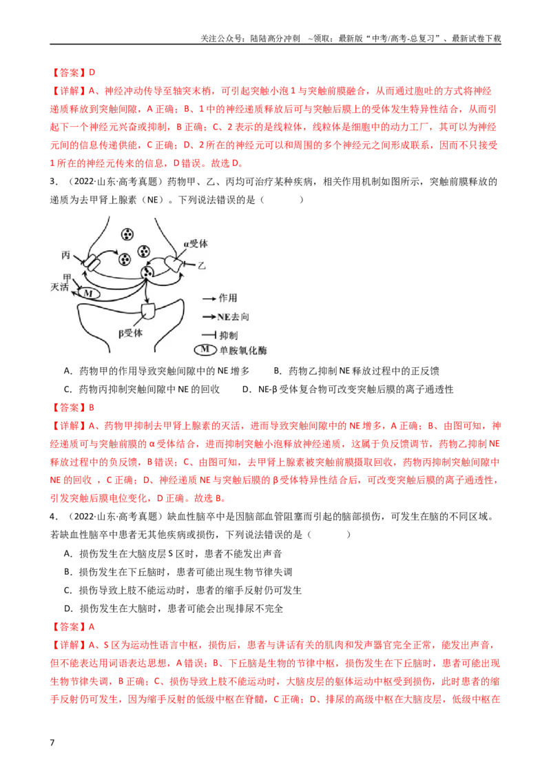 《专题17神经调节（教师版）_06-生物-高考总复习_专项复习_2024年_十年（2014-2023）高考生物真题分项汇编（全国通用）》第7页预览
