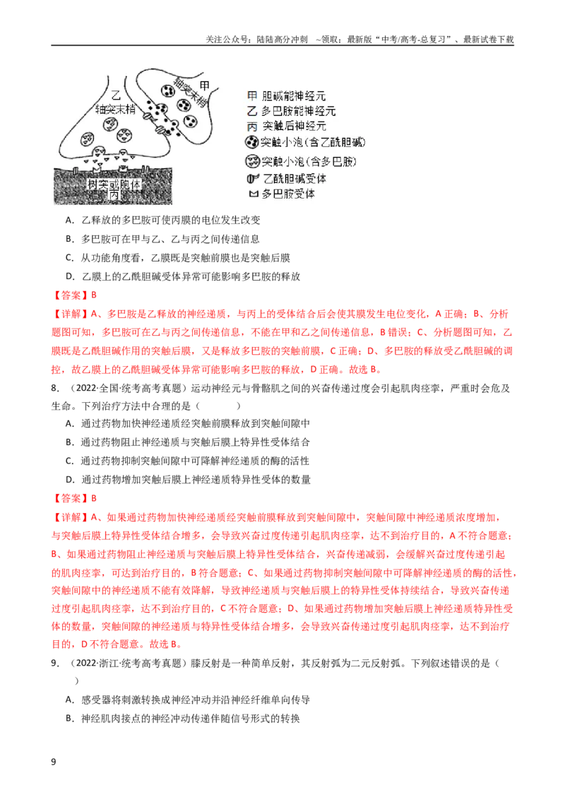 《专题17神经调节（教师版）_06-生物-高考总复习_专项复习_2024年_十年（2014-2023）高考生物真题分项汇编（全国通用）》第9页预览