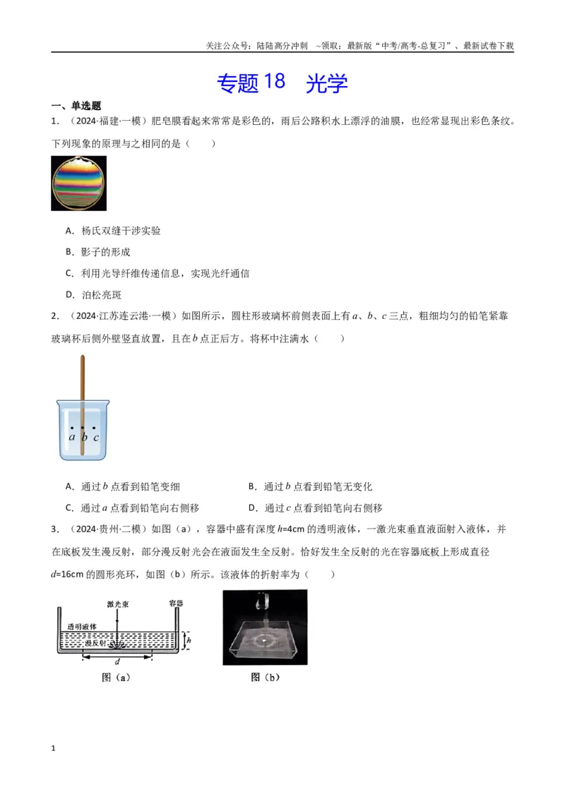 《专题18光学（原卷版）_04-物理-高考总复习_专项复习_2024年_2024届新高考物理冲刺专项训练300题_资料》第1页预览