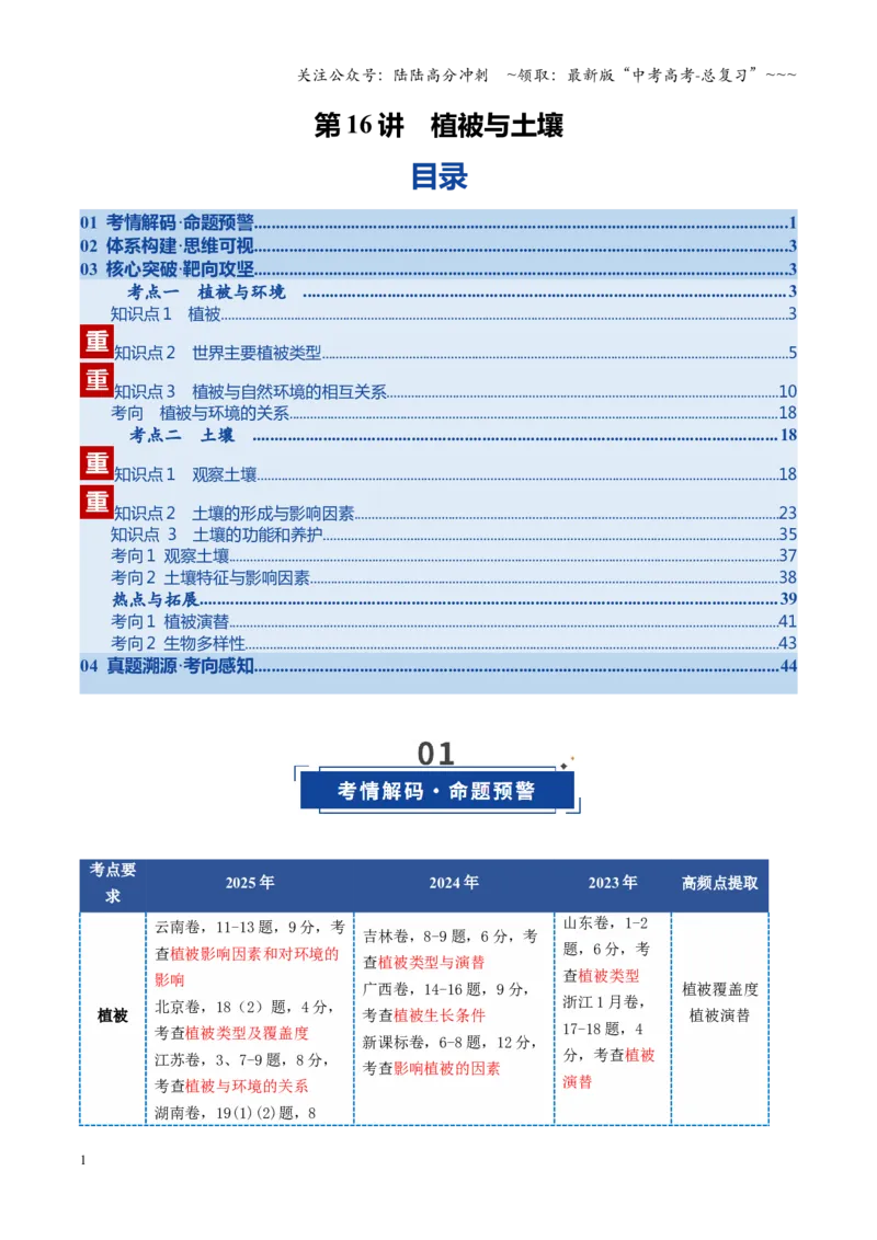 《第16讲植被与土壤（复习讲义）（全国通用）（学生版）_07-地理-高考总复习_一轮复习_2026年-地理高考一轮复习_2026年高考地理一轮复习讲义+练习+课件（新教材新高考）-G55_2026版》第1页预览
