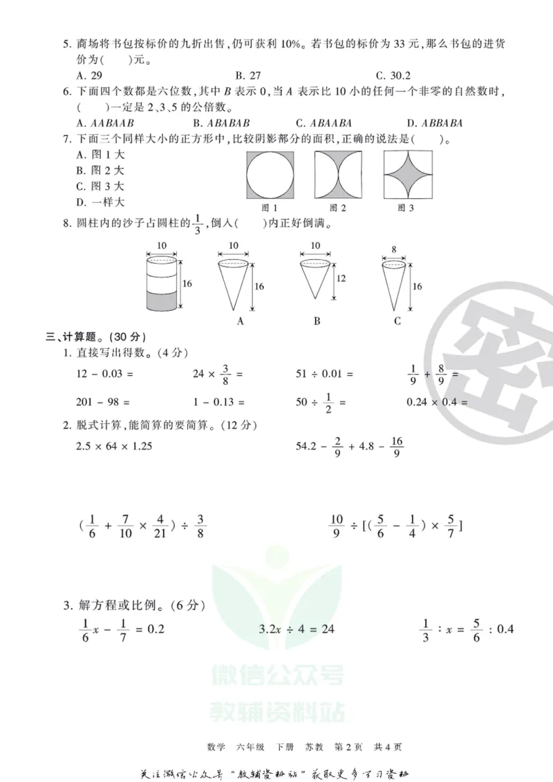 《王朝霞期末复习磨枪卷六年级下册数学苏教版_小初高学习资料合集（每天更新）_1~6年级全册王朝霞期末复习磨枪卷_6年级》第2页预览