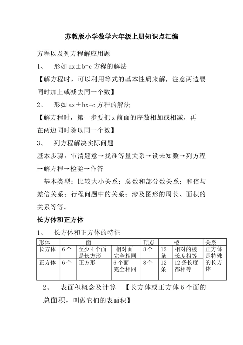 《六（上）苏教版数学知识汇总预习_小学1-6年级全科全套_1-6年级全科上册_六年级_数学_六年级数学上苏教版_苏教数学六上知识总结》第1页预览