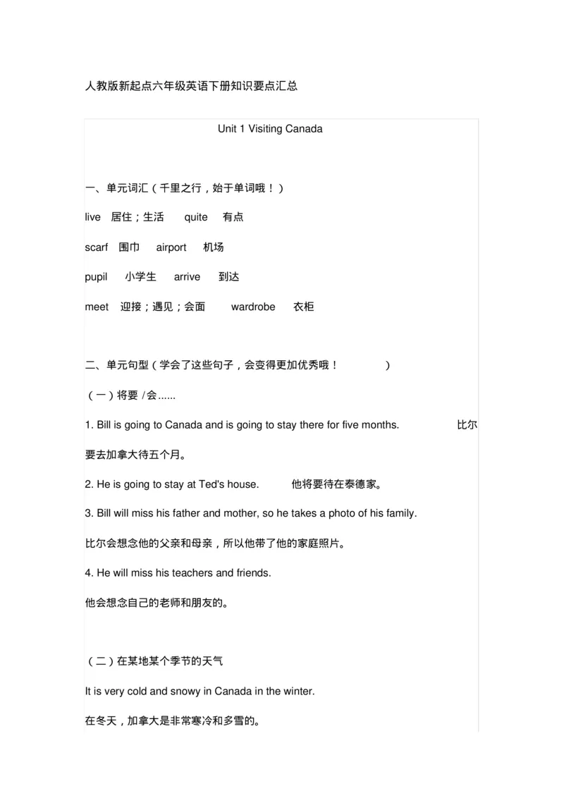《人教版新起点六年级英语下册知识要点_小学1-6年级全科全套_1-6年级全科下册_六年级_英语_英语六下人教新起点》第1页预览