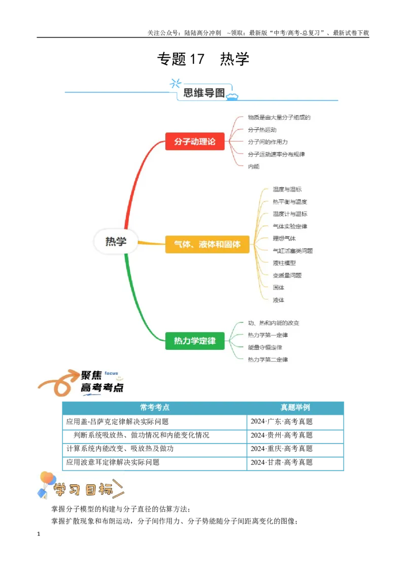《专题17热学（教师版）_04-物理-高考总复习_一轮复习_2025年_2025年高考物理一轮复习知识清单（全国通用）》第1页预览