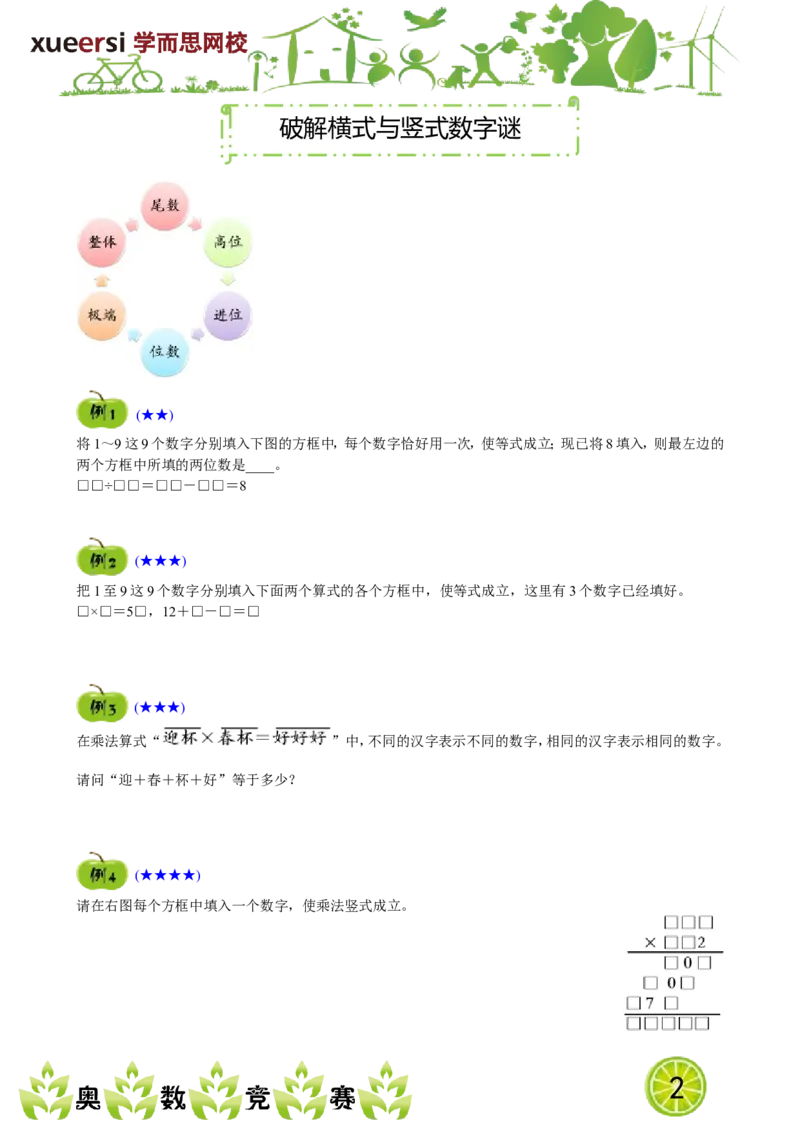 《破解横式与竖式数字谜_小学1-6年级全科全套_2024更新专题_小学奥数专题资料_7、精品课程合集_学而思小学1-6年级奥数竞赛班视频课程285讲_四年级奥数（竞赛班）60讲》第1页预览
