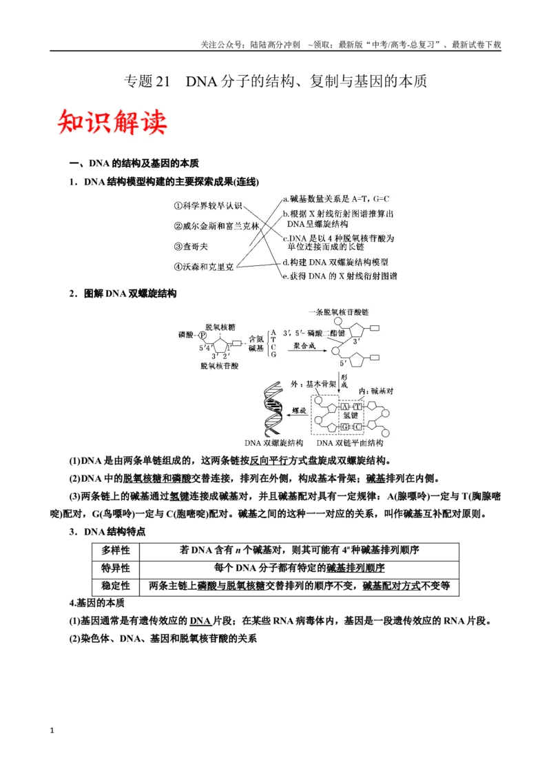 《专题21DNA分子的结构、复制与基因的本质（原卷版)_06-生物-高考总复习_一轮复习_2024年_2024年高考生物一轮复习重难点专项突破_资料》第1页预览