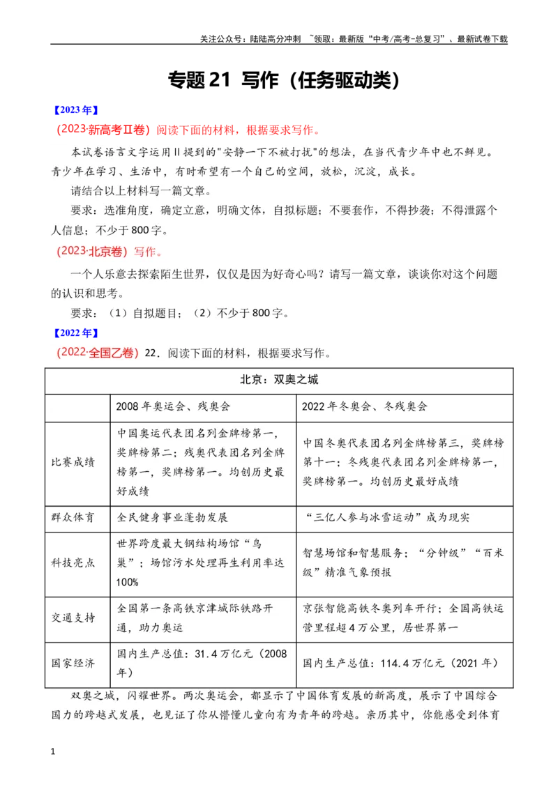 《专题21写作（任务驱动类）（全国通用）（学生版）_专项复习_2024年_十年（2014-2023）高考语文真题分项汇编（全国通用）》第1页预览