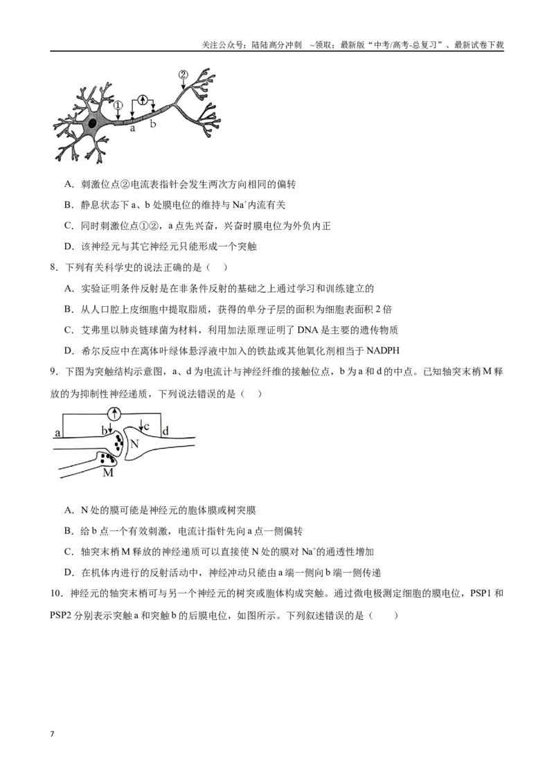 《专题26神经调节（原卷版)_06-生物-高考总复习_一轮复习_2024年_2024年高考生物一轮复习重难点专项突破_资料》第7页预览