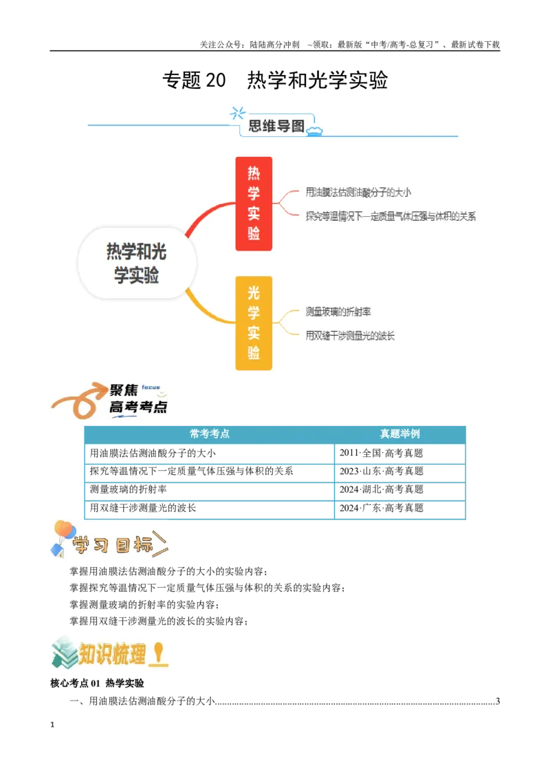 《专题20光学、热学实验（学生版）_04-物理-高考总复习_一轮复习_2025年_2025年高考物理一轮复习知识清单（全国通用）》第1页预览