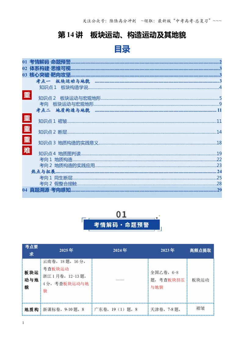 《第14讲板块运动、构造运动及其地貌（复习讲义）（全国通用）（教师版）_07-地理-高考总复习_一轮复习_2026年-地理高考一轮复习_2026版_专题05地表形态的塑造》第1页预览