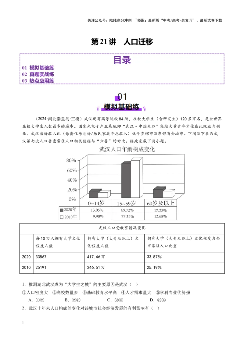 《第21讲人口迁移（练习）（教师版）_07-地理-高考总复习_一轮复习_2025年_2025年高考地理一轮复习讲义+练习+课件（新教材新高考）》第1页预览