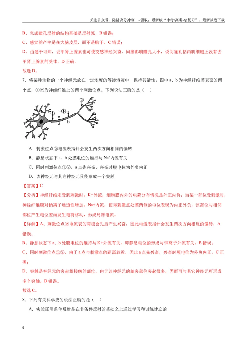 《专题26神经调节（解析版)_06-生物-高考总复习_一轮复习_2024年_2024年高考生物一轮复习重难点专项突破_资料》第9页预览