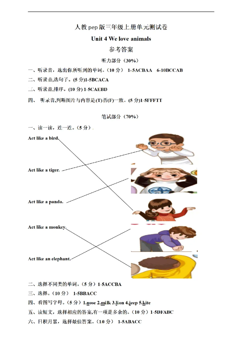 《（参考答案）人教pep版三年级上册Unit4Weloveanimals单元测试卷_小学1-6年级全科全套_1-6年级全科上册_三年级_英语_A三年级英语（人教PEP）_人教PEP英语三上单元测试》第1页预览