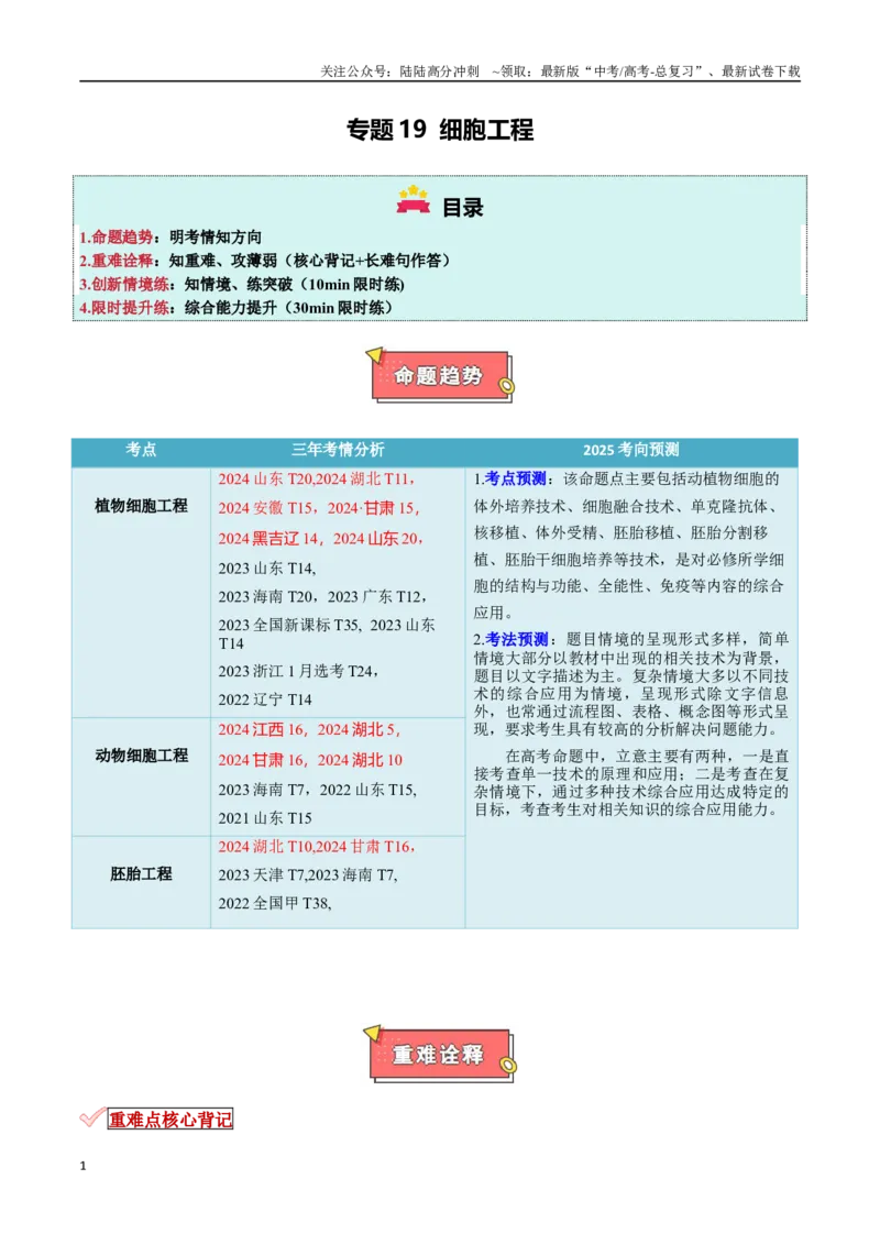 《专题19细胞工程（解析版）_06-生物-高考总复习_专项复习_2025年_2025年高考生物重难点讲义专练（新高考通用）》第1页预览