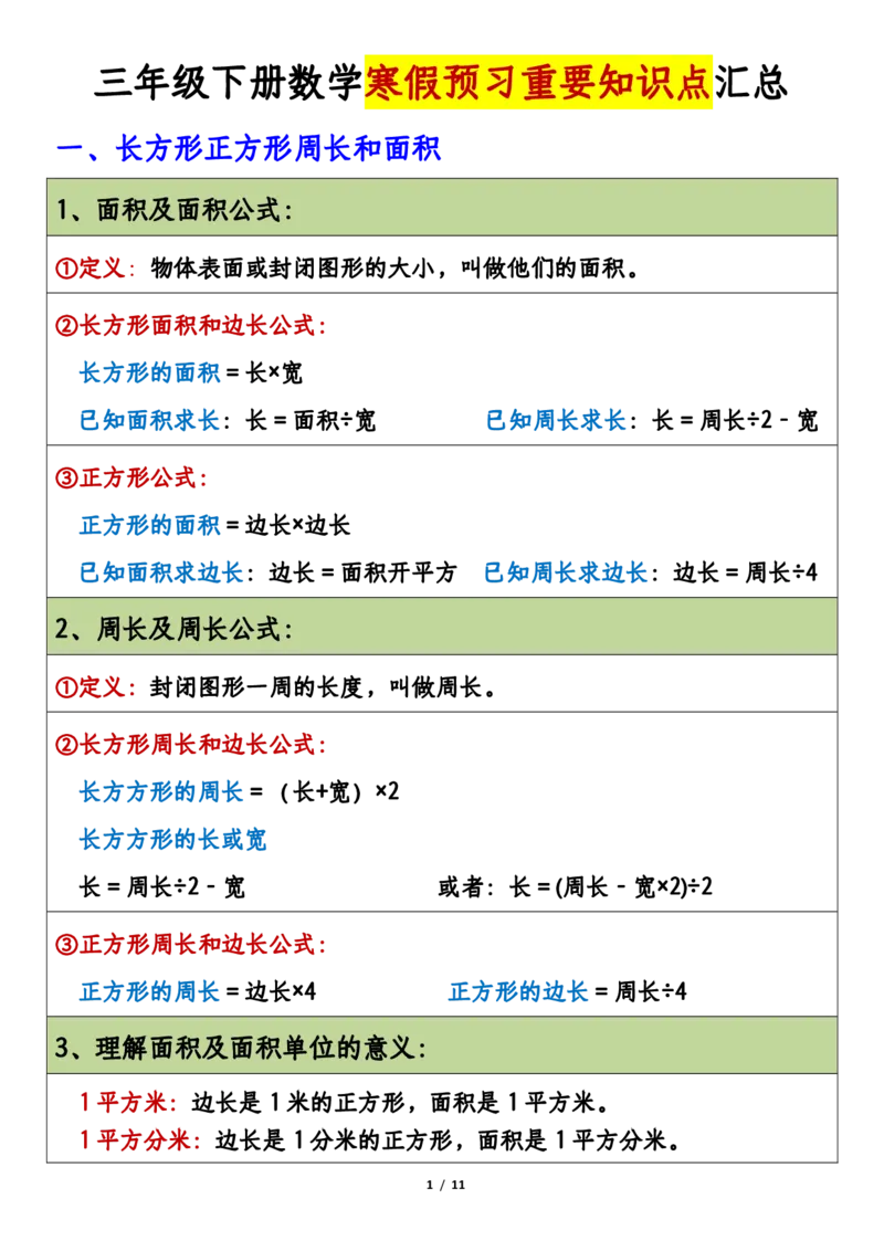 《人教版三年级数学下册知识点整理_小学1-6年级全科全套_1-6年级全科下册_三年级_其他补充资料_热门资料_数学》第1页预览