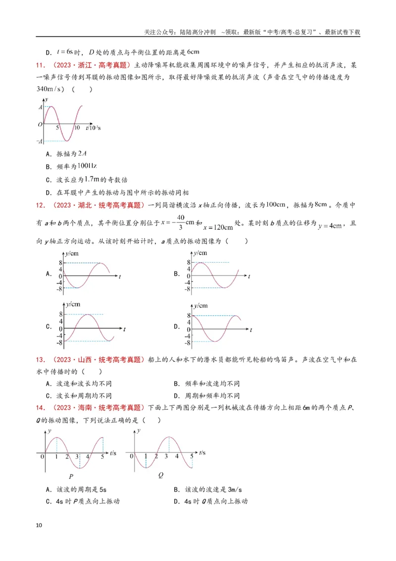 《专题21机械振动和机械波（原卷版）_04-物理-高考总复习_专项复习_2024年_2024年高考物理真题分类汇编（全国通用）》第10页预览