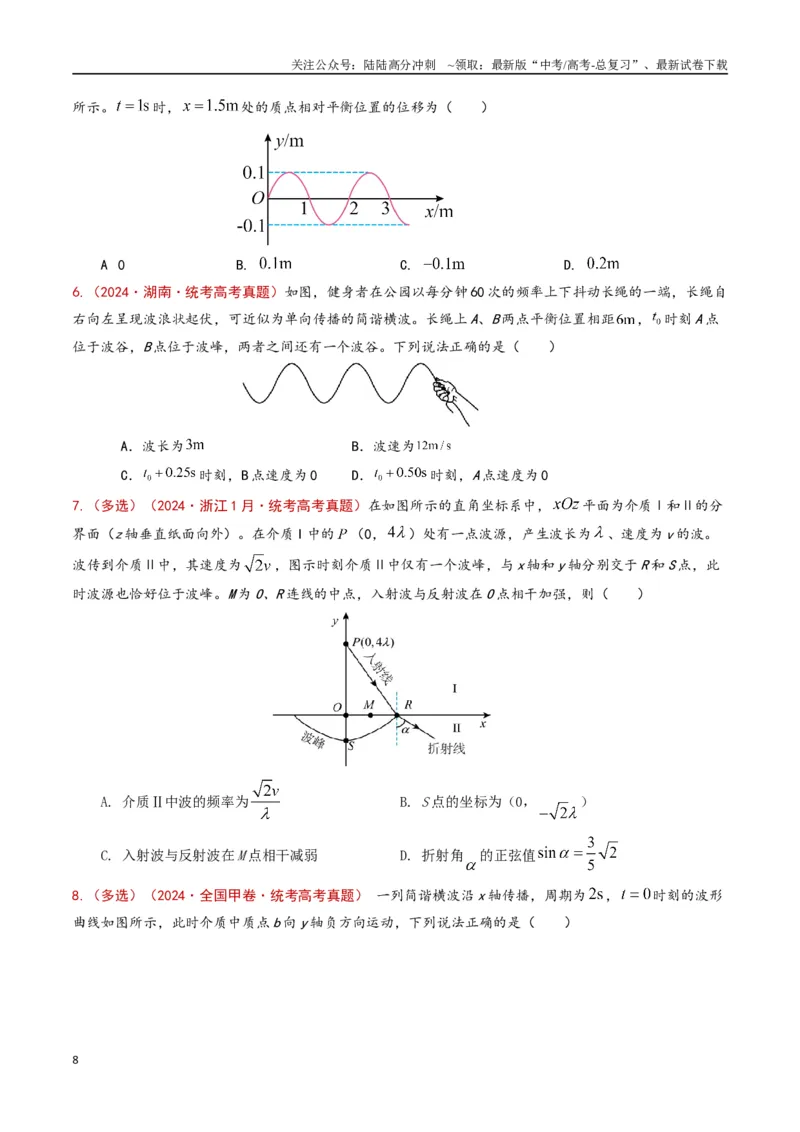 《专题21机械振动和机械波（原卷版）_04-物理-高考总复习_专项复习_2024年_2024年高考物理真题分类汇编（全国通用）》第8页预览